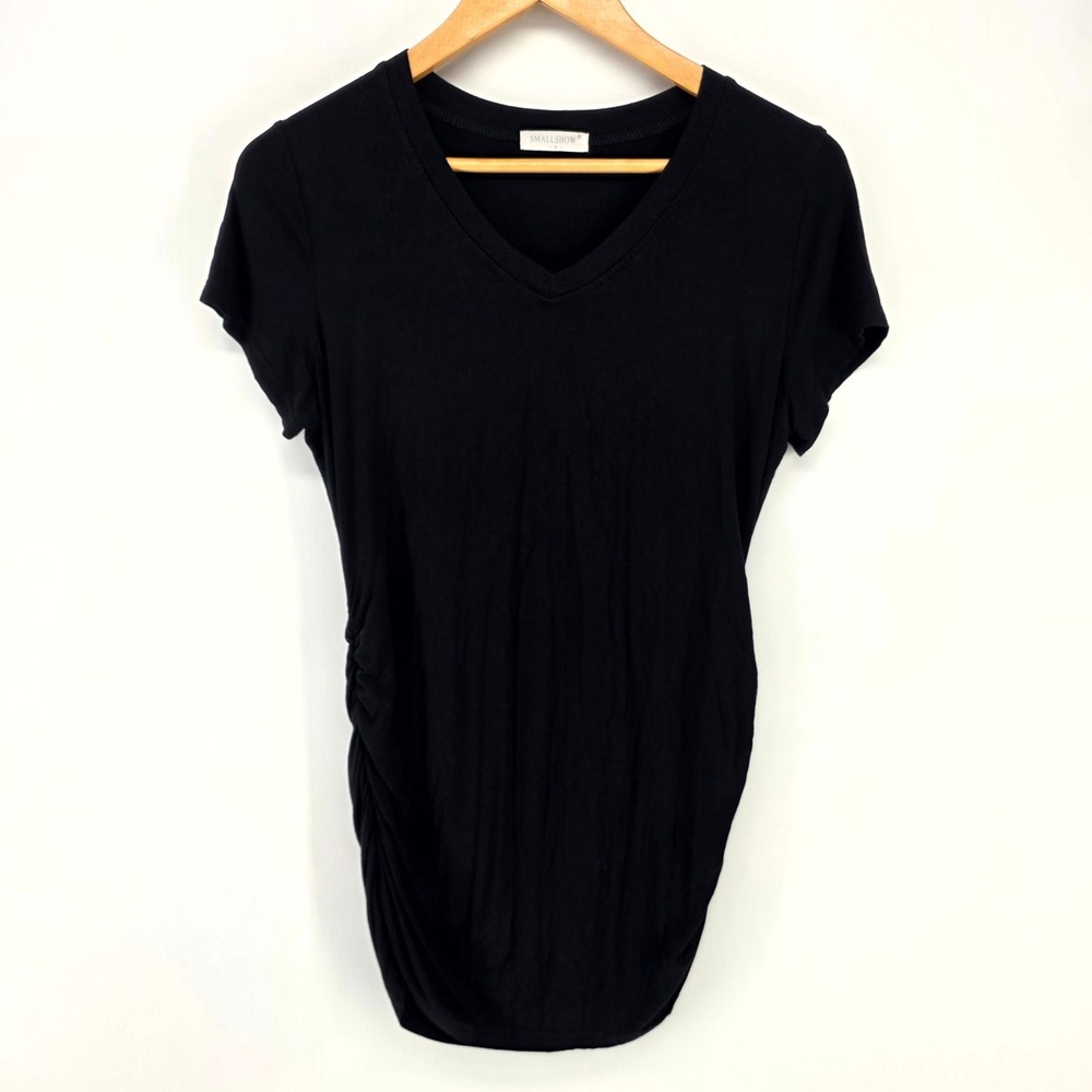Smallshow Maternity T-Shirt Women Medium Black Ruched Side V-Neck Short Sleeve